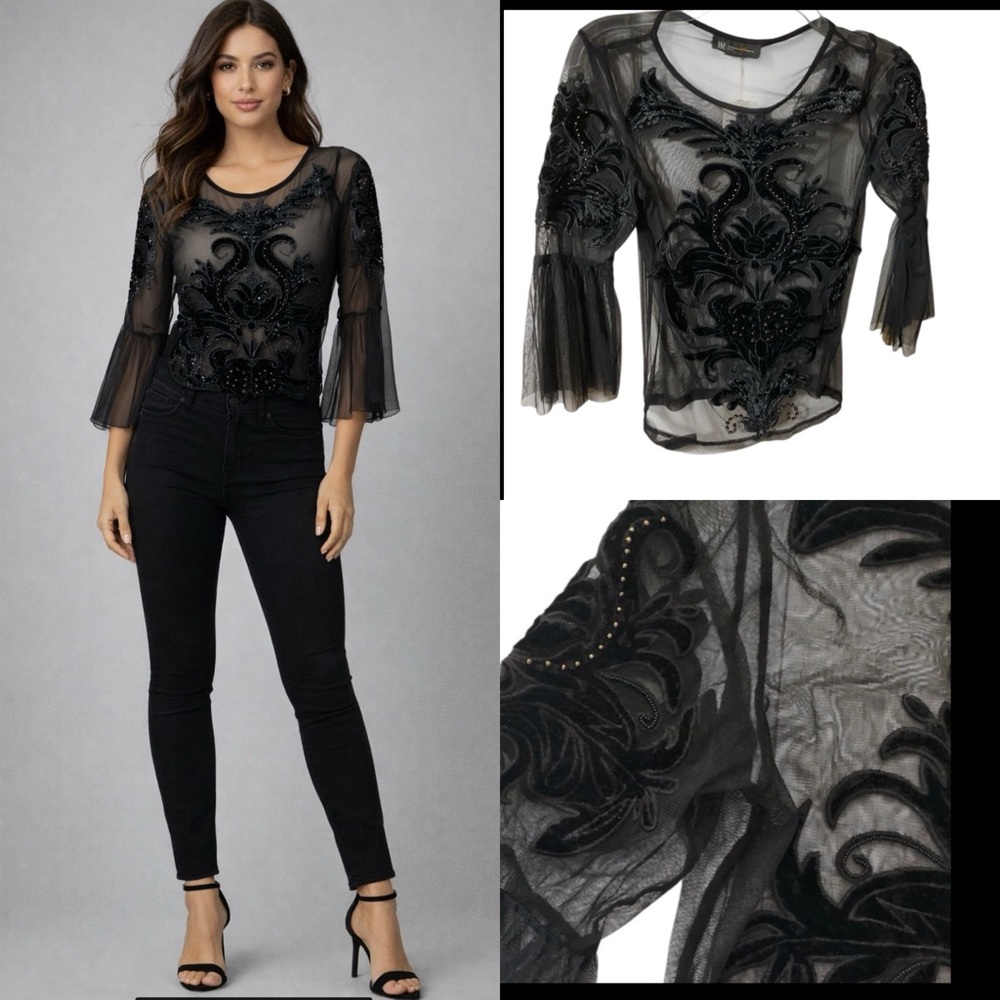 INC Black Mesh Velvet Appliqué See Through Top Blouse. Petite,Vintage,Y2K, Goth - Picture 1 of 15